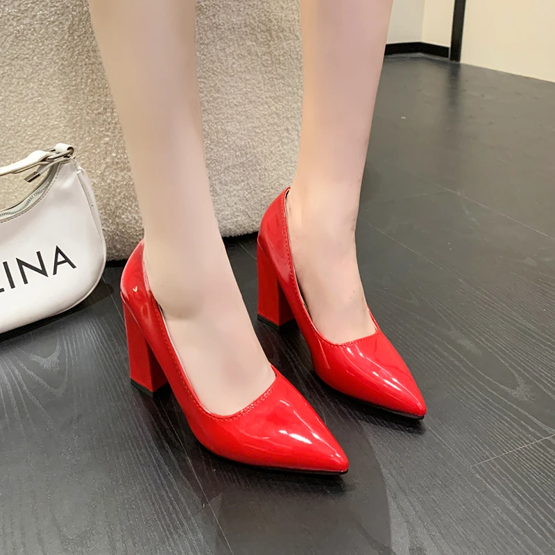 10cm High Heel Colorful Pumps Women\'s Shoes Pointed Toe Fashion Red 3.9inch Chunky Heels Patent Leather Female Plus Size 49 50