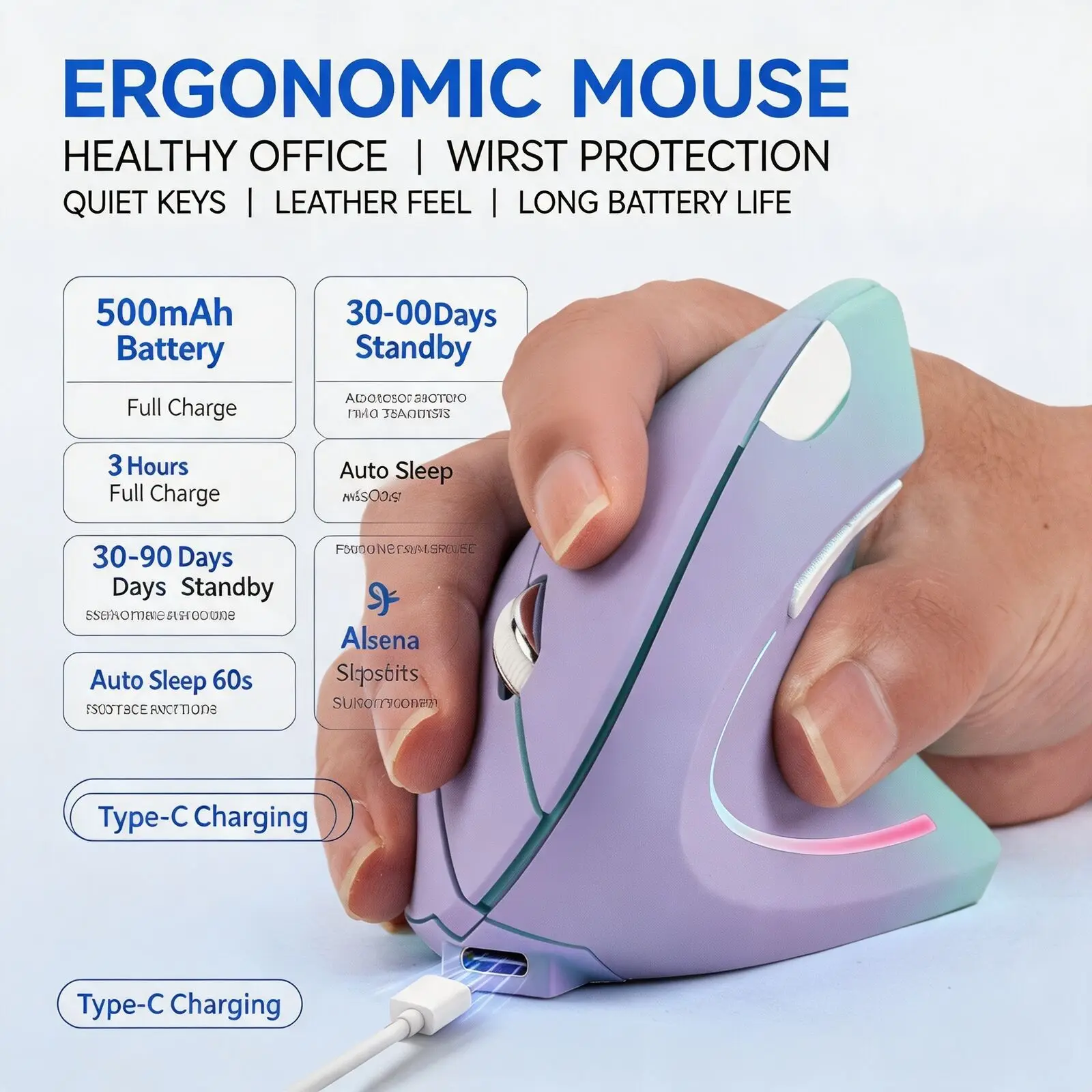 Ergonomic Vertical Wireless Mouse 57° Grip Silent Click 2.4G & Bluetooth 5.4 Dual Mode RGB Light Rechargeable For Office Gaming