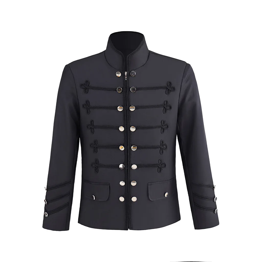 Men's Black Military Jacket Napoleonic Hussar Frock Coat Costume Gothic Steampunk Medieval Victorian Retro Punk Coat Halloween