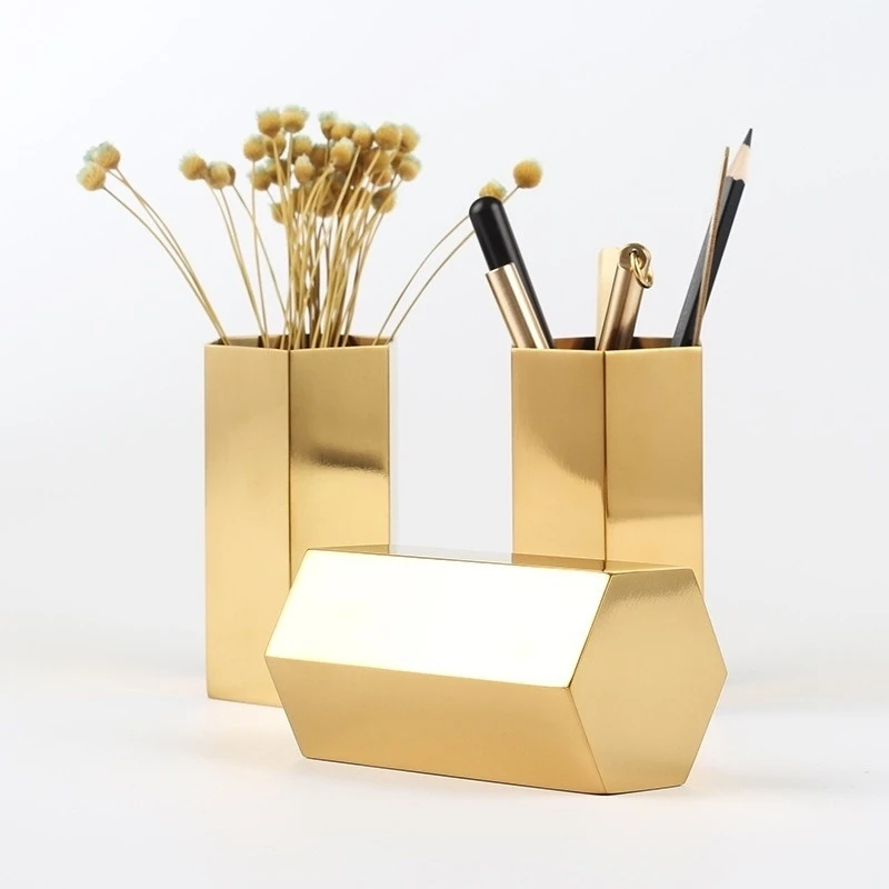1pcs Hexagon Pen Holder Gold Simple Style Stainless Steel Vases Home Decoration Flower Vase Concise Design Flower Bottels