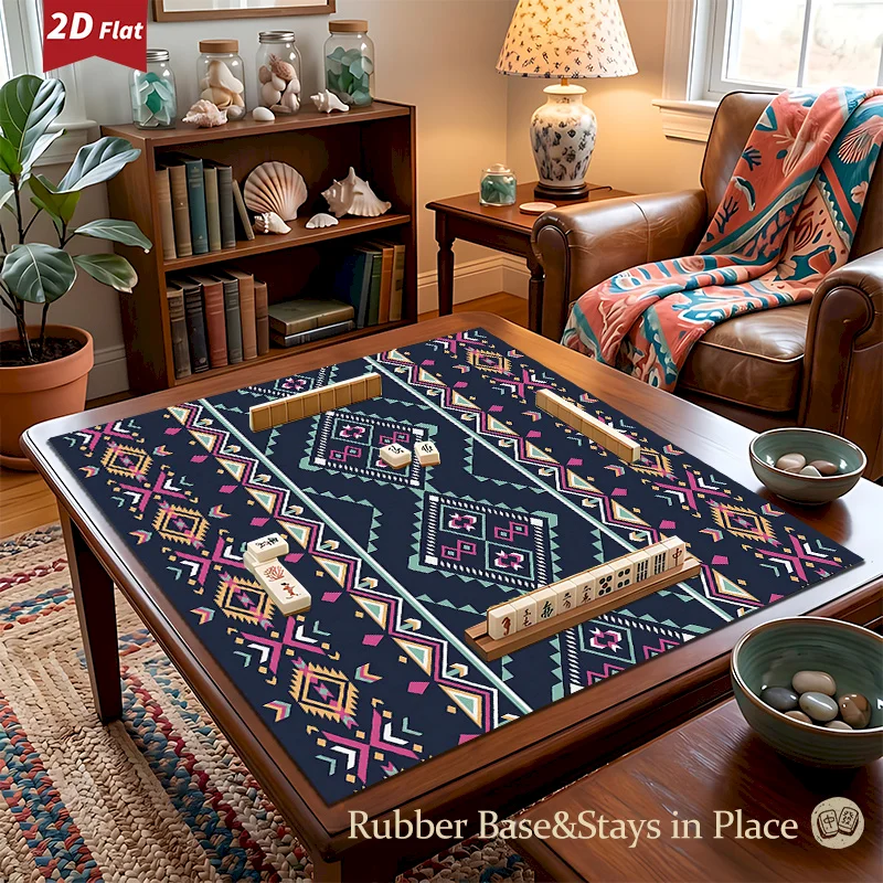 VIKAMA Square Mahjong Table Mat With Ethnic Geometric Printing, Anti Slip And Noise Reducing Absorbent Pad,Poker Home Decoration