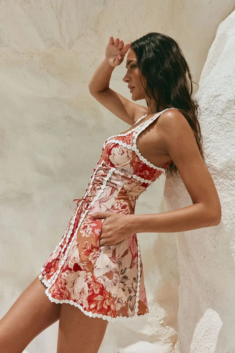 Boho Elegantes Damen-Minikleid mit Blumenmuster, Korsett, Ösen-Spitzenbesatz, verstellbaren Trägern und Schnürung für den Sommerurlaub – Detail 5