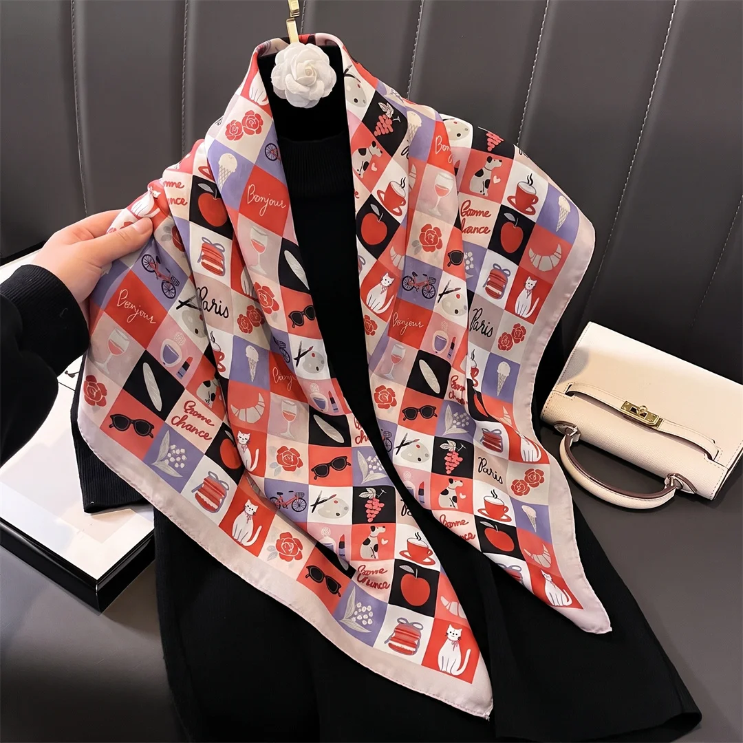 90cm Luxury Brand 2026 Silk Square Scarf Women Cat Neck Hair Tie Band Beach Hijab Kerchief Head Headbands Bandana Female Foulard