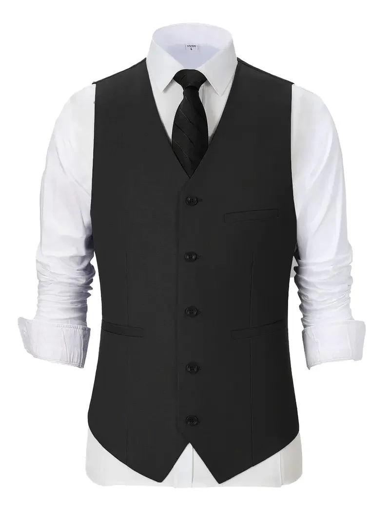 Men Classic Serge Suit Vest V‑Neck Sleeveless Waistcoat Solid Color Business Formal Casual With Pockets