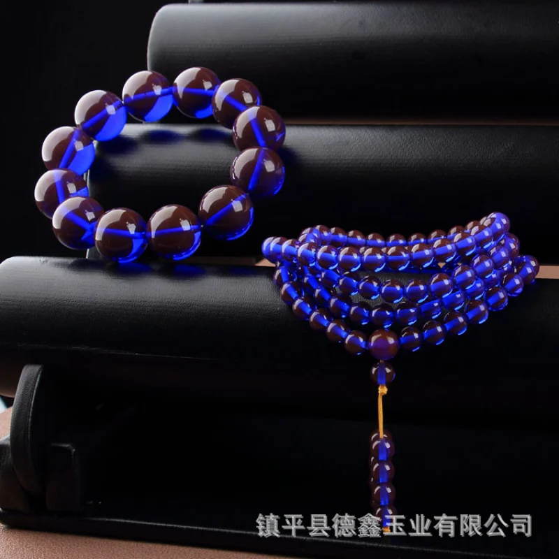 Blue Amber Beeswax Violet Bracelet Light Color Changing 18 20mm Single Circle round 108 Buddha Beads