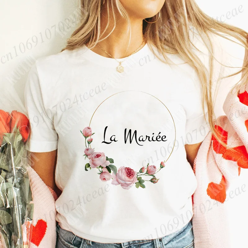 French Girls Team Bride Women T-shirt Flower Crown Graphic Print Tops Bachelorette Bridal Wedding Party Tshirt Flower Crown Tees