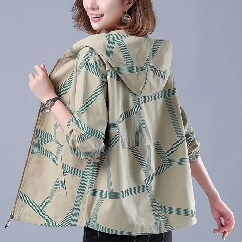 Fashion Hooded Zipper Pockets Loose Printed Casual Coats Women\'s Clothing 2023 Autumn New All-match Tops Commute Jackets