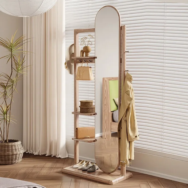 Solid wood fitting mirror wall hanging multi-function household bedroom hanger integrated full body mirror floor