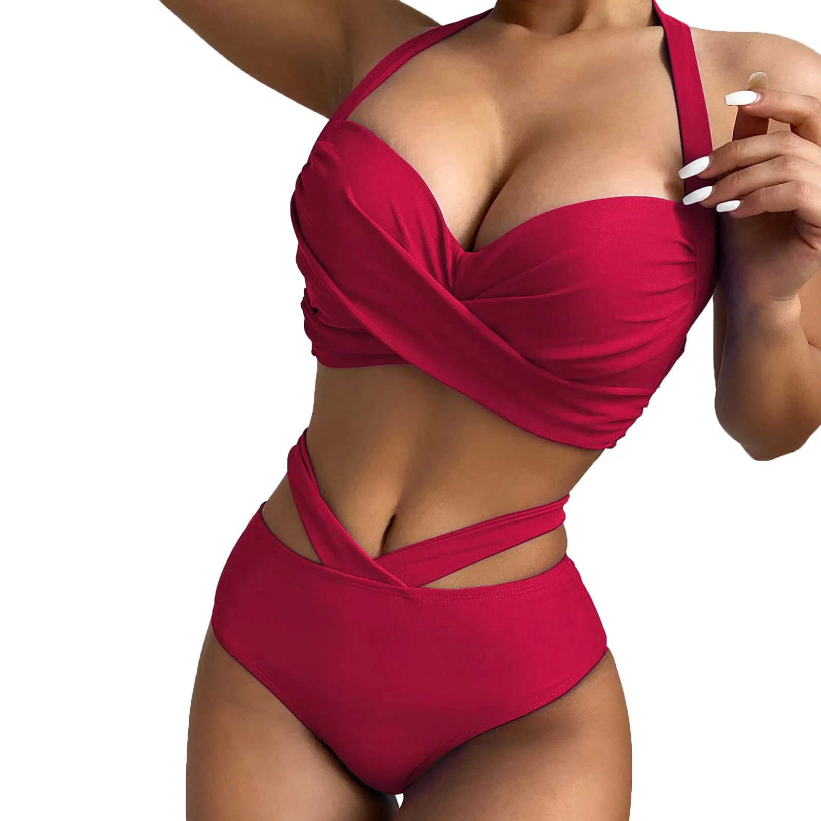 Sexy Hot High Waist Halter Two Piece Swimsuit Women Halter Bikini Sets Swimwear Luxury Beach Mujer Bandage Swimming Suit