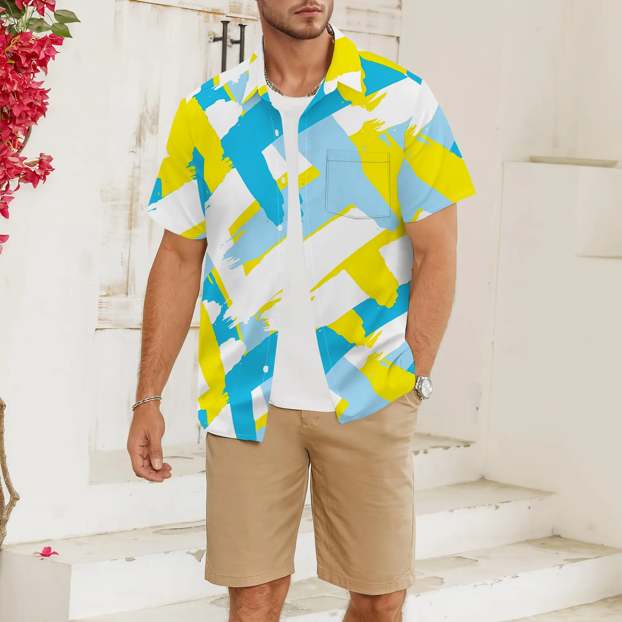 YEAE Yellow Blue Brushstroke Geometric Print Shirt for Men Summer Casual Short Sleeve Top