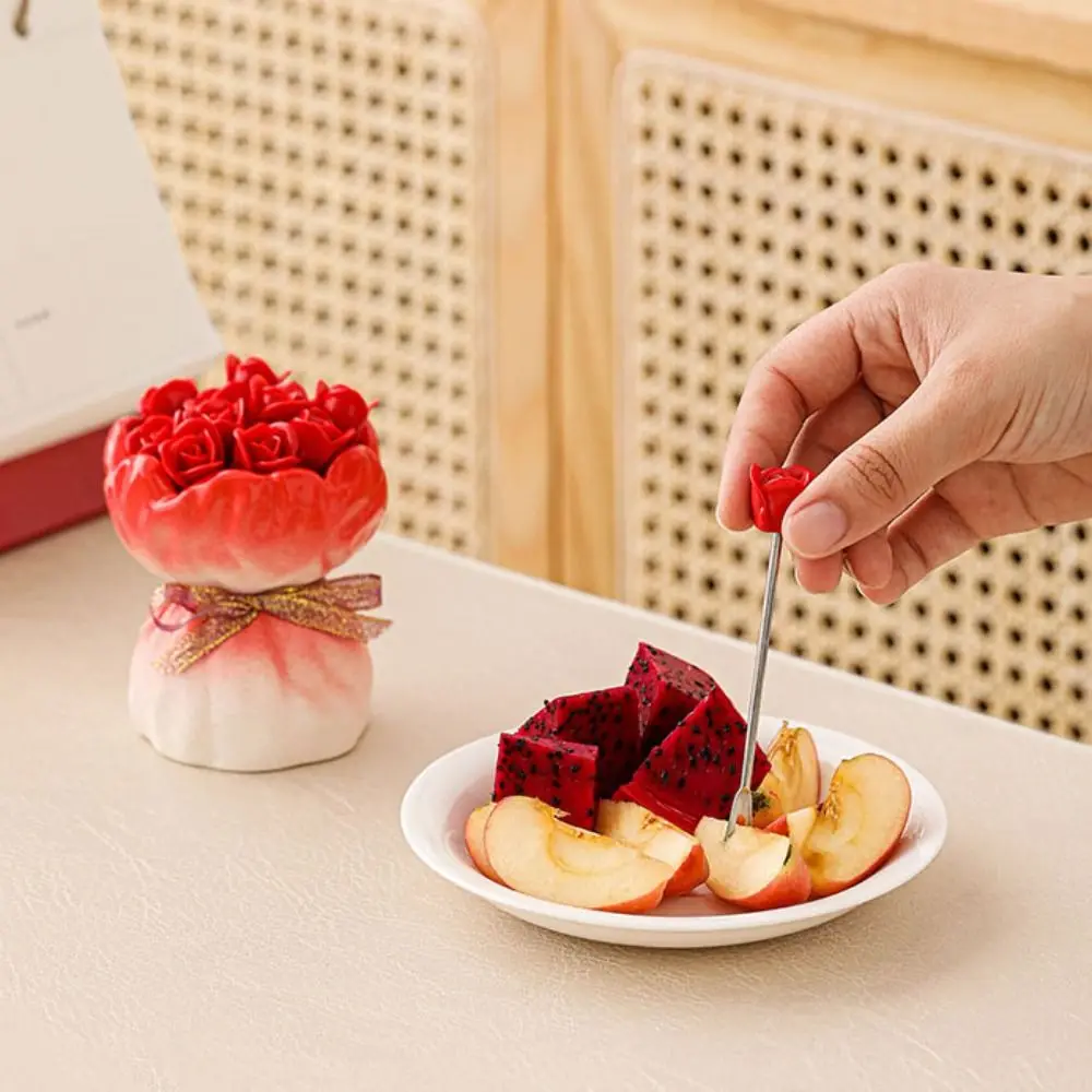 

Rose Ceramic Fruit Forks Set Creative Ins Style Ceramic Fruit Forks Receipt Jar Decorative Household Stainless Steel Fork