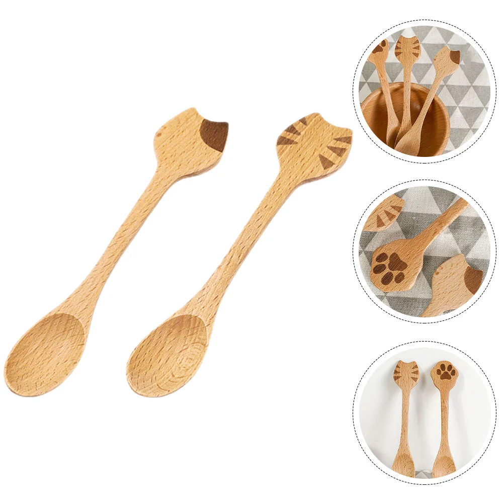 

2 Pcs Coffee Cat Spoon Mixing Small Wooden Teaspoon for Eating Serving Spoons Kitchen Utensils Kids