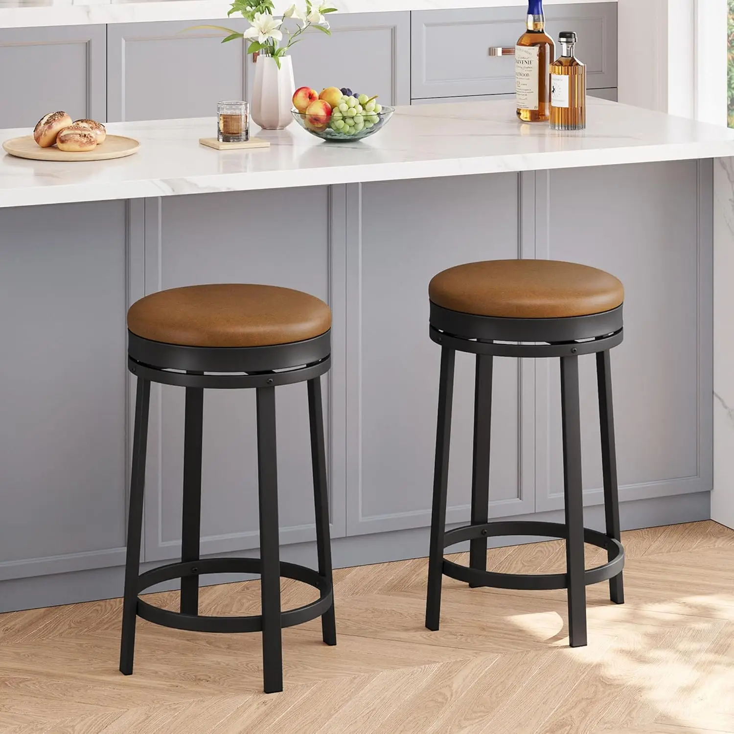 

24 inch Swivel Bar Stools Set of 2, Counter Height Barstool with Footrest and PU Leather Upholstery, Metal Frame, Kitchen Bar