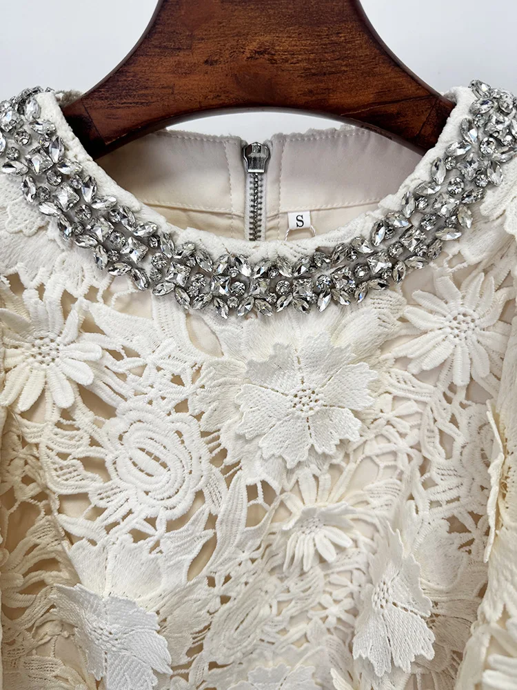 HIGH QUALITY Newest 2026 Designer Runway Women Luxury 3D Floral Lace 2 Piece Beaded Crop Top Long Skirt Set Party Dress Suit image 3