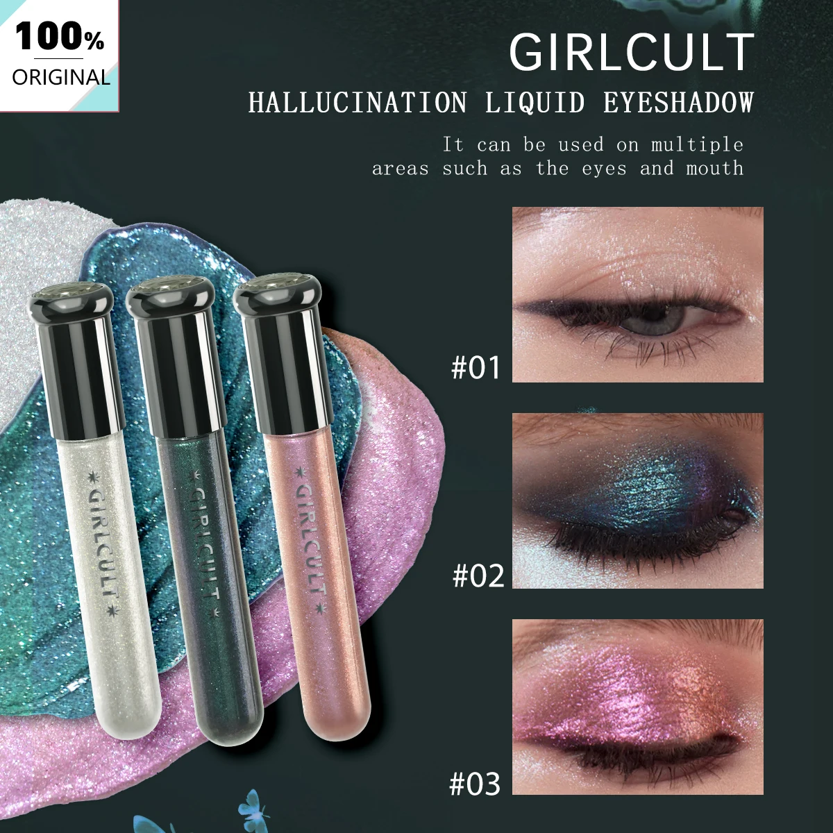Sombra líquida de alucinação Girlcult, partículas de brilho fino, brilho metálico, mudança iridescente, destaque dos olhos, maquiagem criativa