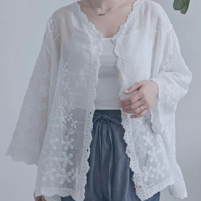 

Elegant Embroidered See-through Mid-sleeve Cover up Cardigan Strap Base Shirt Two-piece Set Casual Loose Fit Business Wear