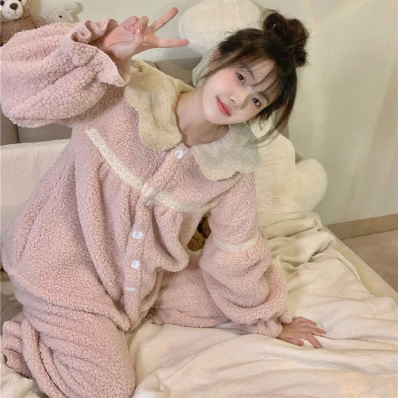 Cute Sleepwear Women Pajama Sets Winter Warm Piiama Fleece Night Wears Button Sets for Women 2 Pieces Solid Ruffles Home Suit