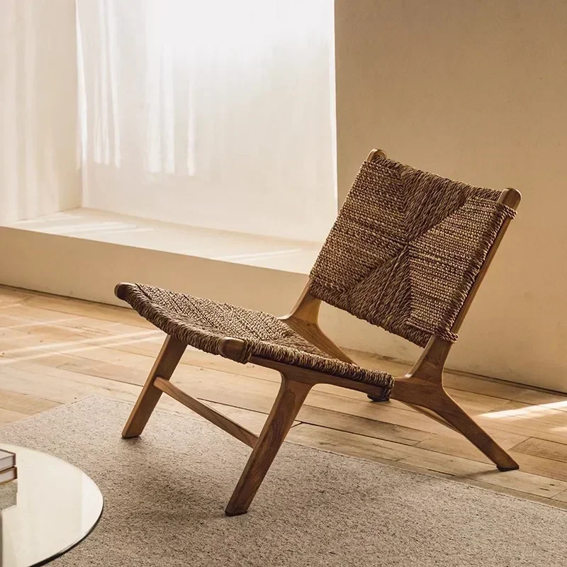 Wabi-sabi wind solid wood leisure chair, living room rattan recliner, pedal combination designer homestay ash wood sofa chair