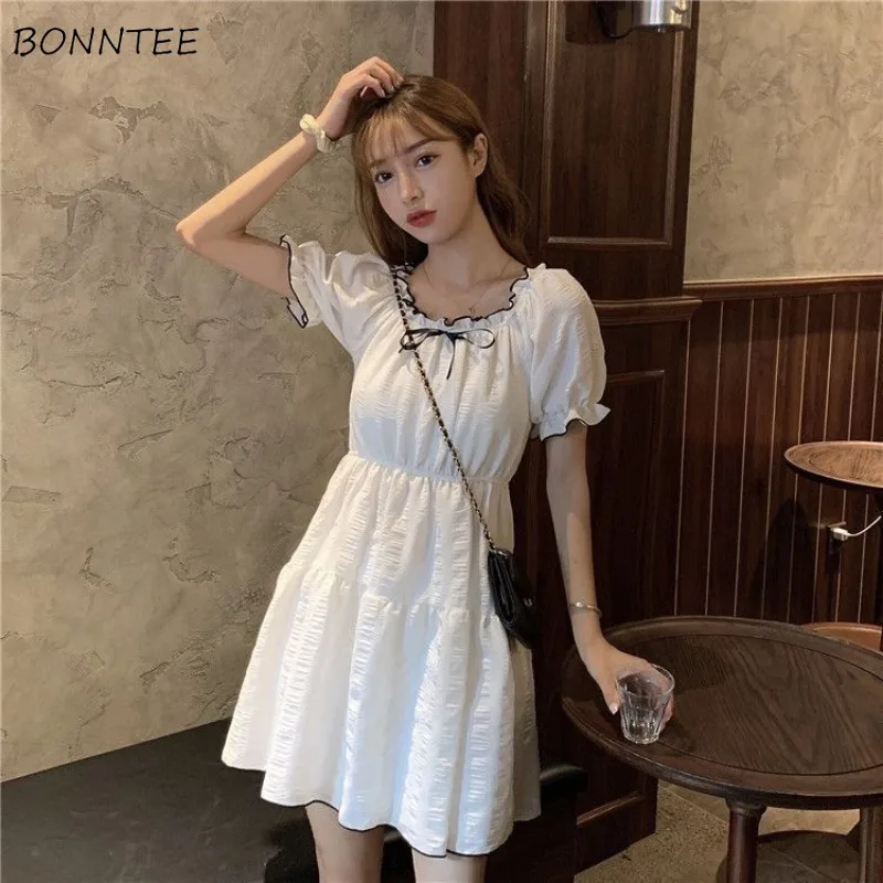 

Dresses Women Puff Sleeve A-line Bow Solid Color Korean Fashion Sweet Age-reducing Mini Vestidos Streetwear Chic Fairycore Ins