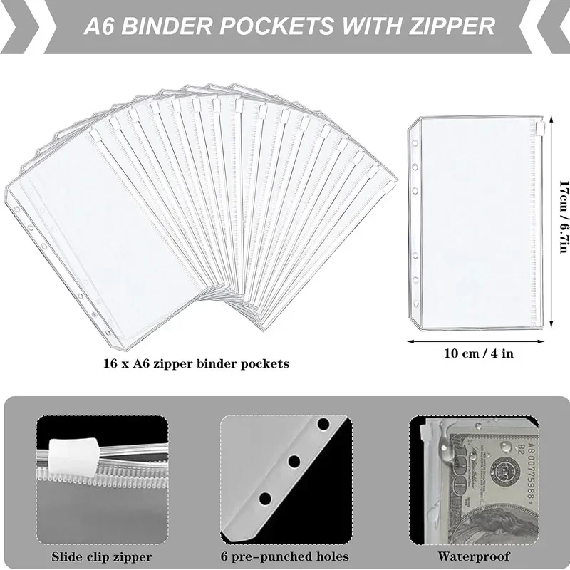 A6 Binder Budget PU Leather PlannerPockets Expense Budget Sheets Notebook Cash Envelope Organizer System with Clear Zipper