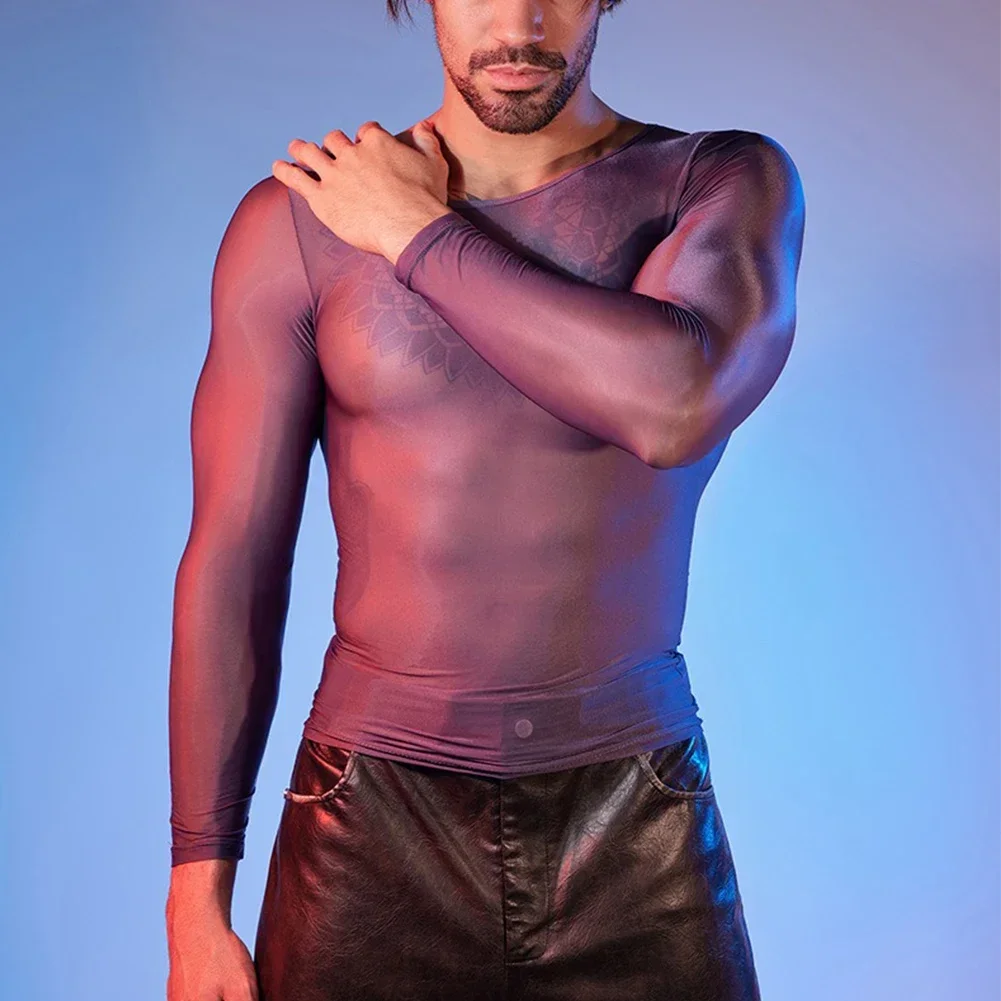 Fashion Men\'s Undershirt Oil Shiny Long Sleeve Tops O-Neck T-Shirts Sexy See Through Male Elastic T-shirt