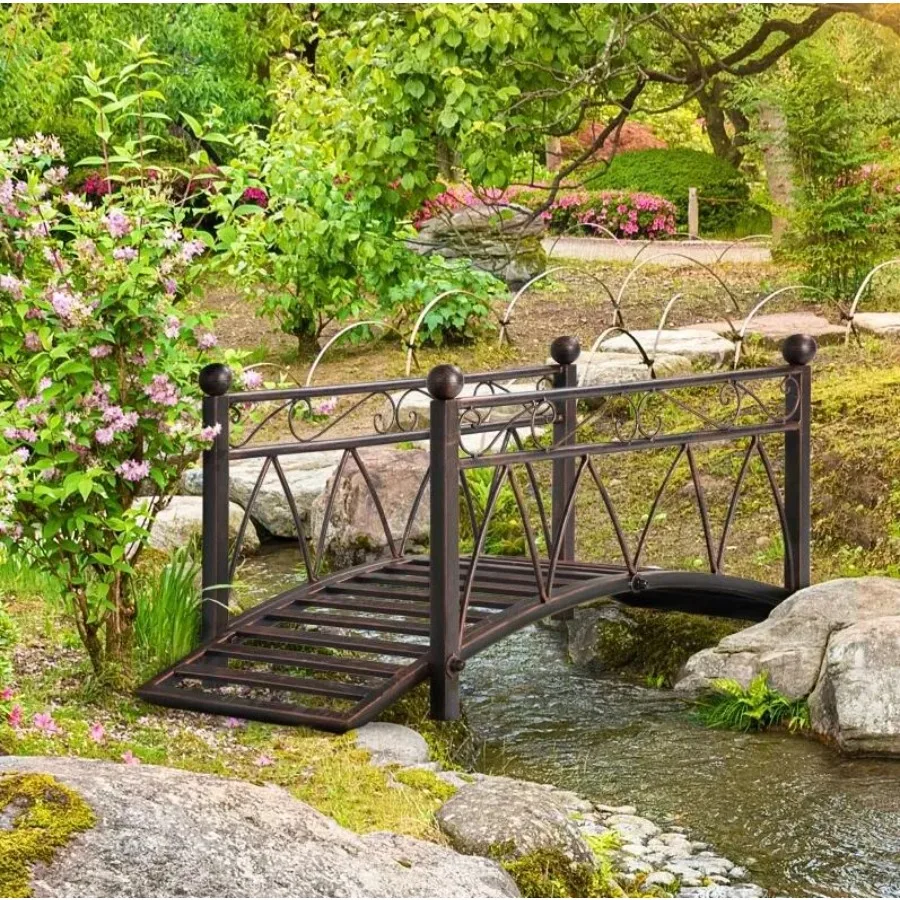 

3.3' Classic Garden Bridge Metal Arch Zen Footbridge with Safety Siderails, Decorative Footbridge, Delicate Scrollwork & Corner
