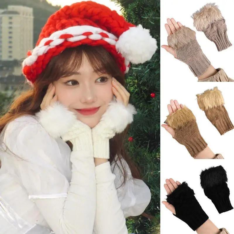 

Y2K Furry Knitted Gloves Autumn Winter Thicken Warm Gloves Stretch Mittens Outdoor Half Finger Crochet Mittens Wrist Hand Warmer