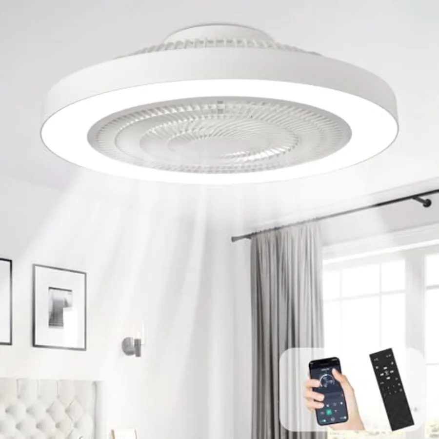 

Bedroom kids room ceiling fan with light: 19 bladeless flush mount low profile LED fandelier in white, dimmable quiet DC motor,