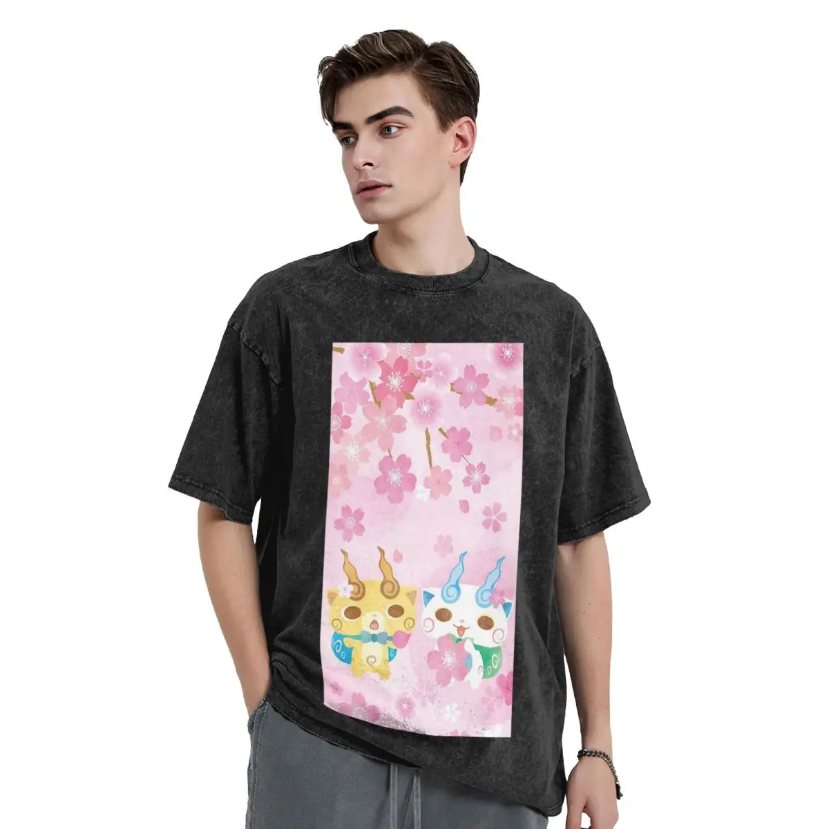 Yo-Kai Watch Cartoon Game Washed T Shirts Casual Short Sleeve Hip Hop T-Shirt Streetwear Tops Tees for Men Women
