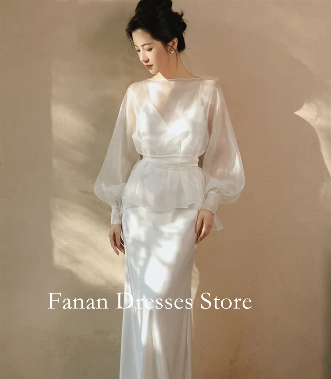 FANAN Boat Neck Two Pieces Long Sleeves Silk Satin Simple Elegant Wedding Dresses 웨딩드레스 Ivory Customized Pretty  Bride Dres
