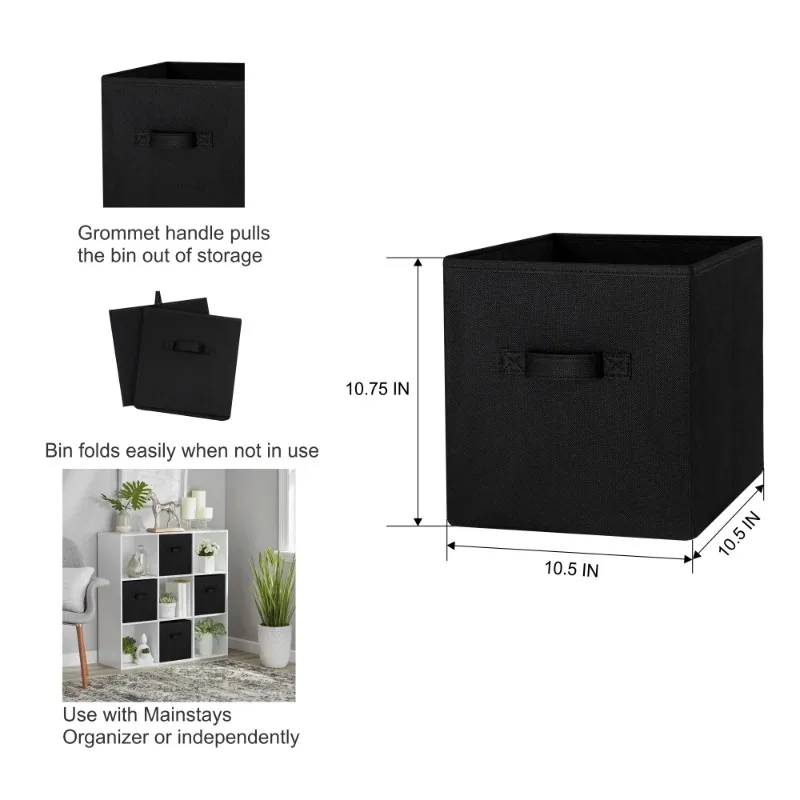 Bacs de rangement pliables en tissu, cubes, noir Johanna, 10.5 "x 10.5", paquet de 6