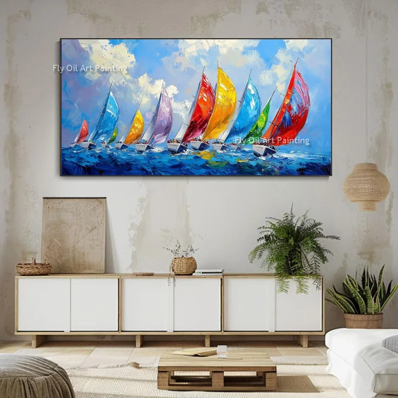 Blue Sea Colorful Boats Modern Thick Oil Painting On Canvas Handmade New Design Artwork Sailing Team Wall Art Decor For Room