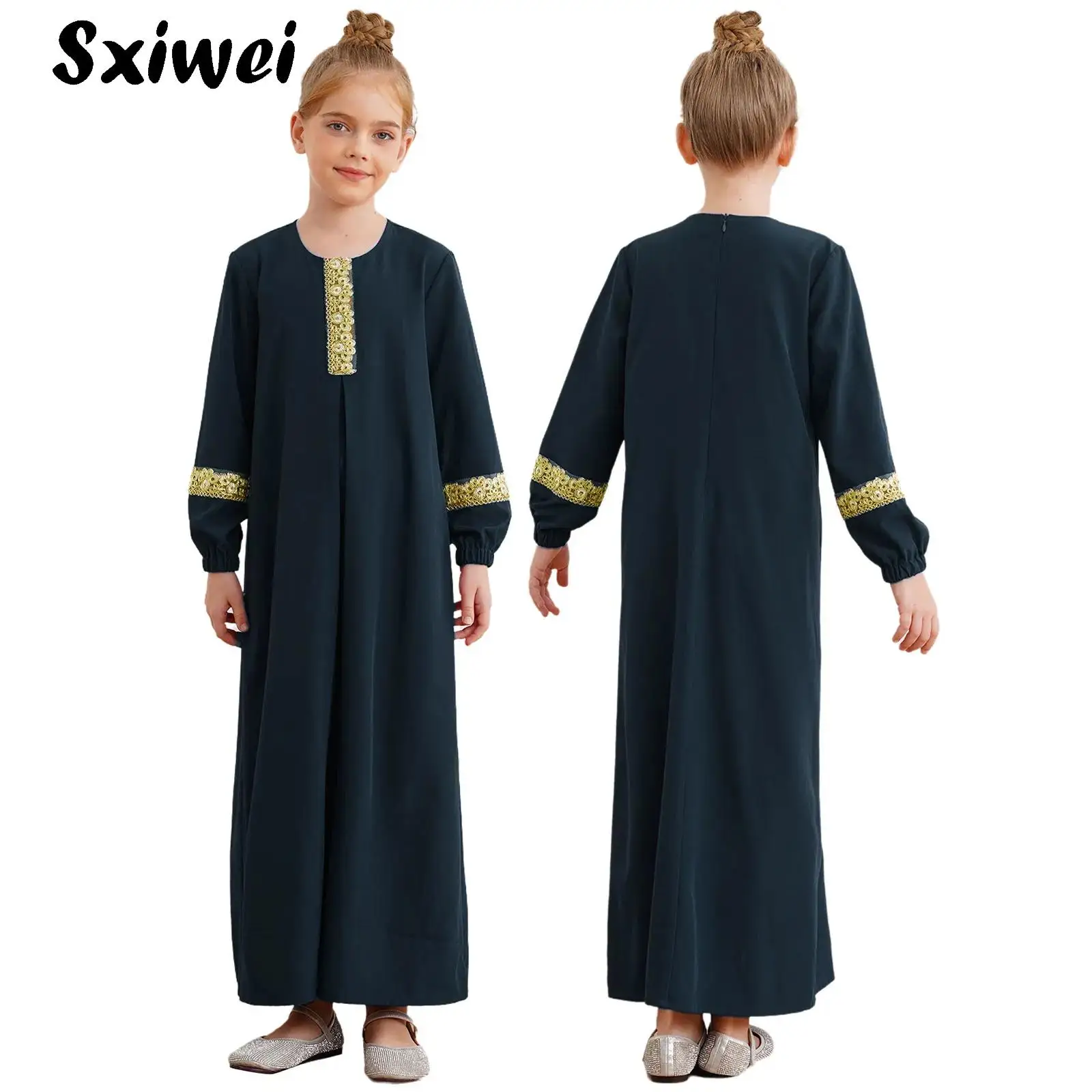 

Muslim Kids Girls Robe Dresses Full Length Arabian Dresses Islamic Kaftan Robe with Gold Embroidery Trim Abaya Prayer Outfits
