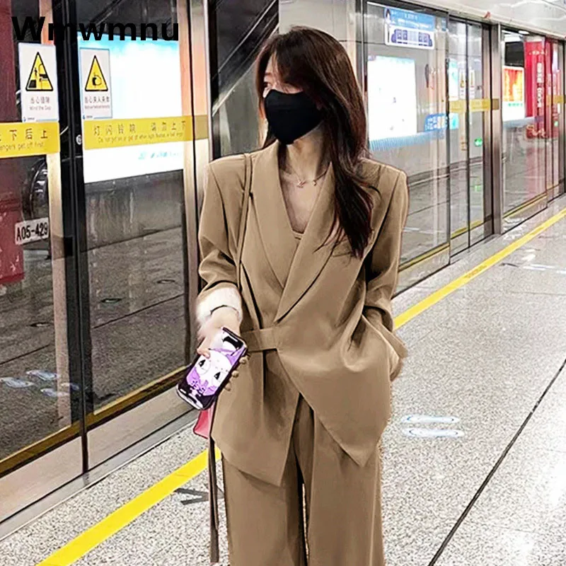 

Casual Blazer Outfits Women Chic Lace-up Jackets Suits Ol High Waist Wide Leg Pants Conjuntos Oversize Business 2 Piece Sets New