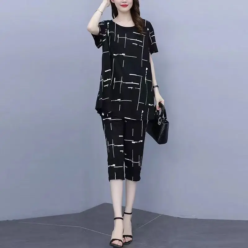 2026 Summer New Women's Printed Crew Neck Elegant Loose Appear Thin Short Sleeve High End Leisure Age Reducing Two-piece Set