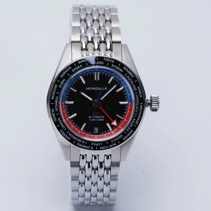 Heimdallr-Reloj de buceo GMT para hombre, pulsera de mano de 43mm con esfera negra, cristal de zafiro NH34, movimiento automático, BGW-9, azul, luminoso, correa de acero inoxidable de 10bar