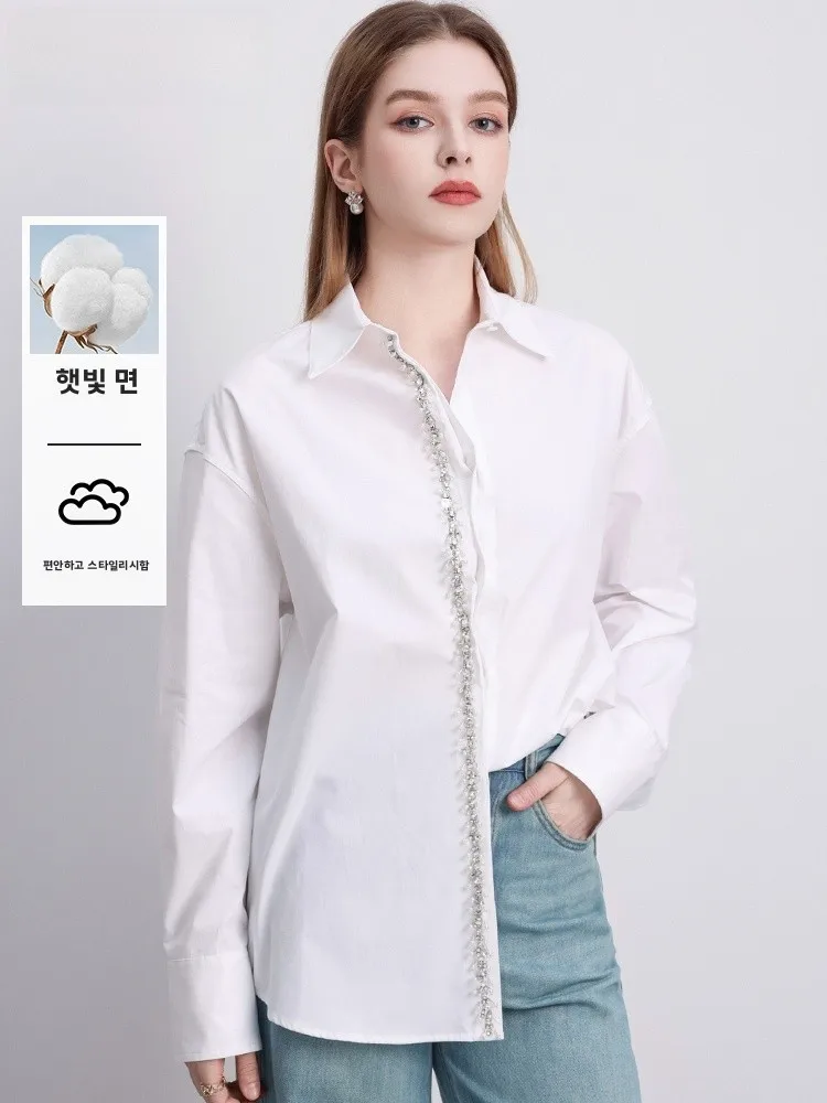 

Ele Luxury White Long Sve irt Women's Premium Embellied Button up Ne Cotton Blend Faionable Commute Sle