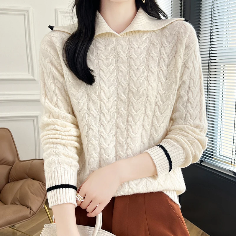 Slim-fit Fall/Winter new 100% Merino wool cashmere pullover Women's lapel pullover warm bottom knit shirt top