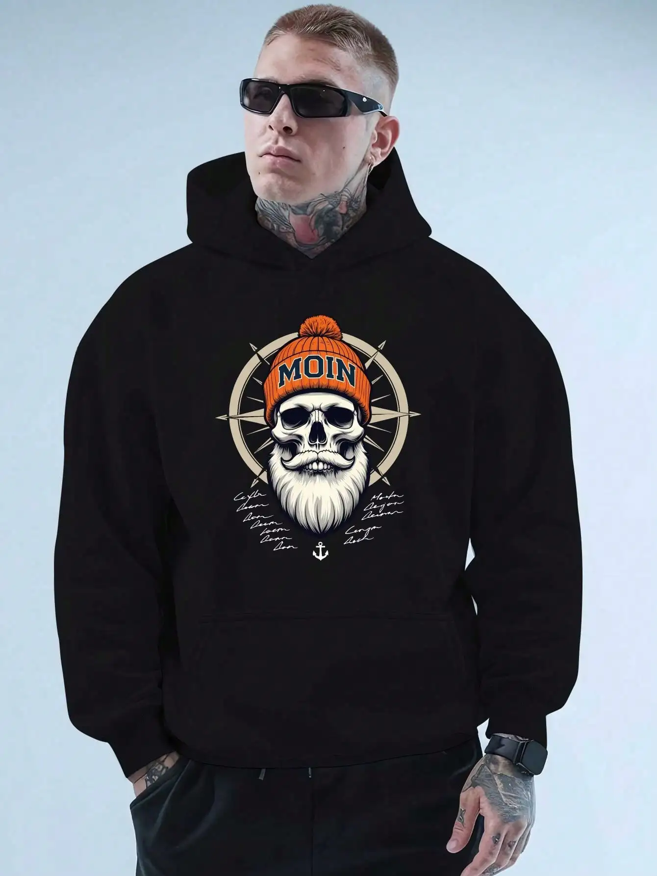 Men Front Print Hoodie, Moin Bearded Skull Compass Anchor Nautical Graphic Hooded Sweatshirt, Retro Pirate Sailor Casual Loose Pullover Hoodie