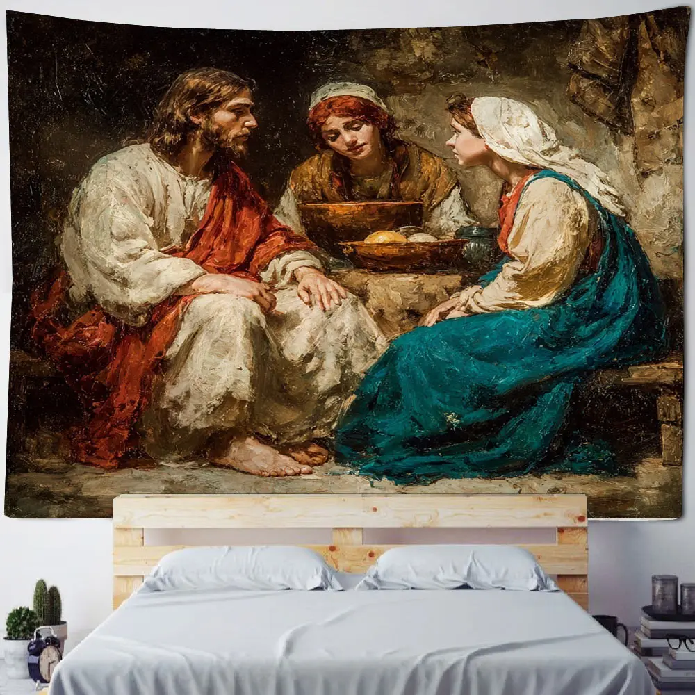 Jesus redeems humanity, teaches young girls, helps suffering women. Background decoration tapestry of Jesus' portrait