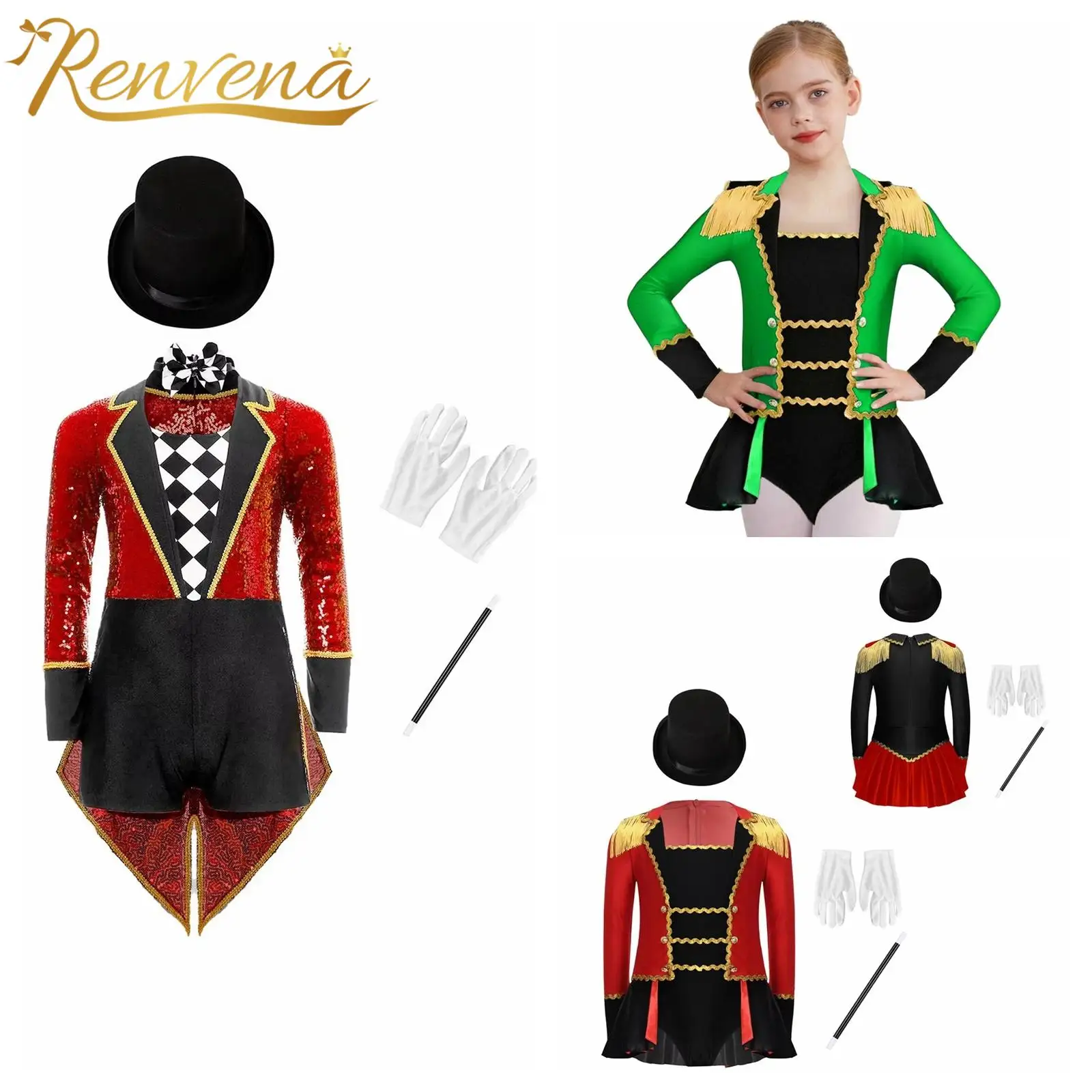 Kids Boys Girls Long Sleeve Tailcoat Bodysuit Circus Showman Halloween Magician Cosplay Costume SetMarching Band Uniform Dress