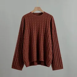 New Minimalist Fashion Round Neck Pullover Classic Cable Flower Solid Color Loose Profile Knitted Cashmere Sweater