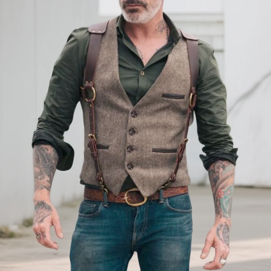 

Retro Patchwork Imitation Leather Vest Mens Jackets Single Breasted Casual for Men Suits Business Slim Fit Costume Gilet Homme