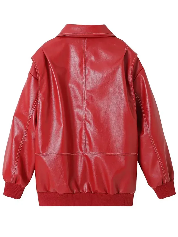 Women Fashion PU Red Front Zipper Bomber Jackets Vintage Lapel Neck Long Sleeves Female Chic Lady Outfits