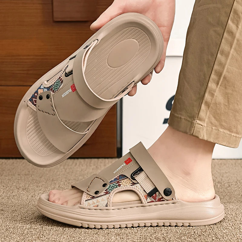 

Plus Size Men Cowhide Slide Sandals Breathable Lightweight Non Slip Wear Resistant Beach Outdoor Casual Daily Shoes
