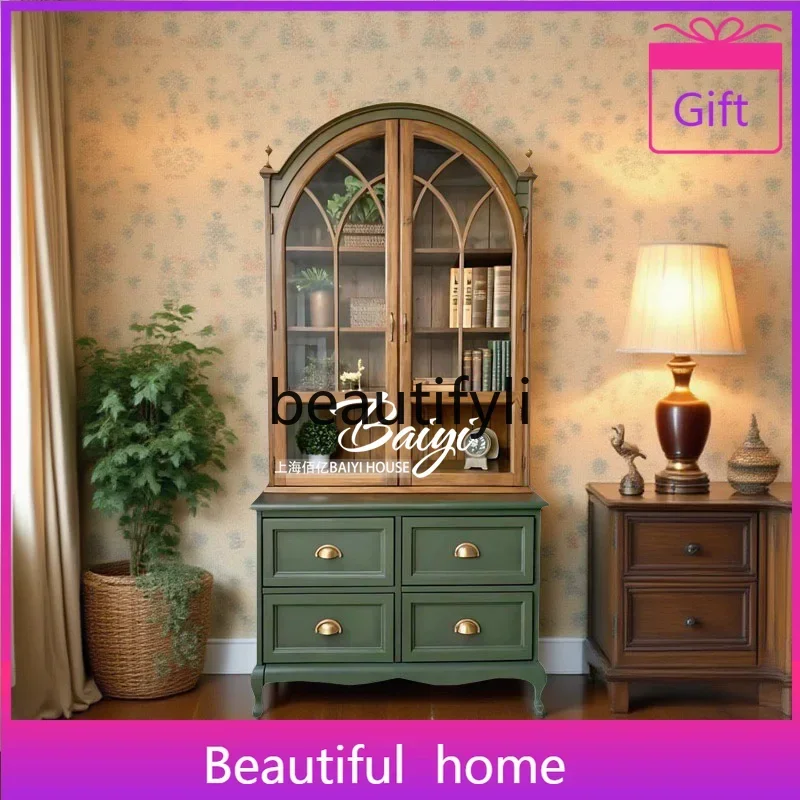 

cn8617 ss Французский ретро сервант из цельного дерева, встроенный высокий шкаф, винный шкаф, шкаф для хранения со стеклянной дверью для гостиной