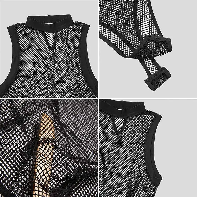 Mannen Bodysuit Ondergoed Mesh Patchwork Mouwloze Homewear See Through Dunne Romper 2023 Ademend Sexy Mannen Bodysuits Incerun