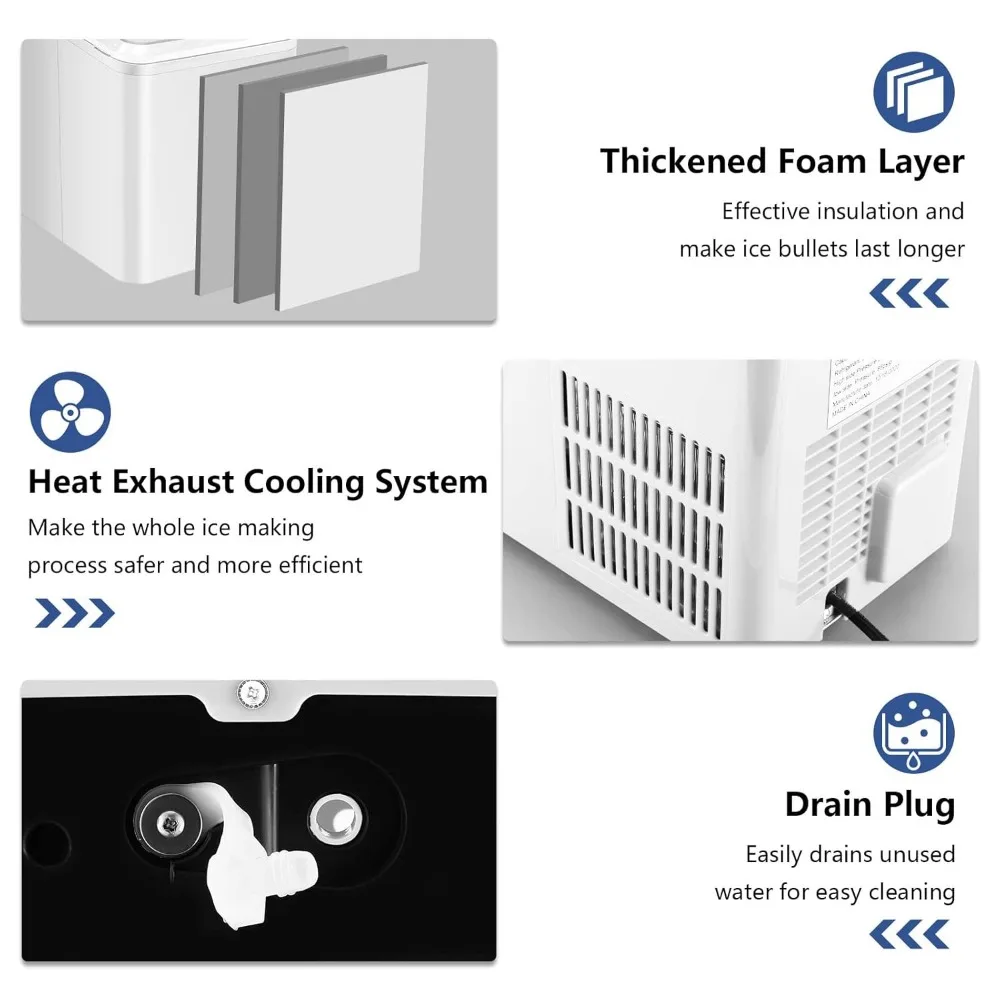 Máquina de hielo en forma de bala, 9 piezas gruesas listas en 6-9 minutos, 26,5 libras en 24 horas, portátil con cuchara y cesta