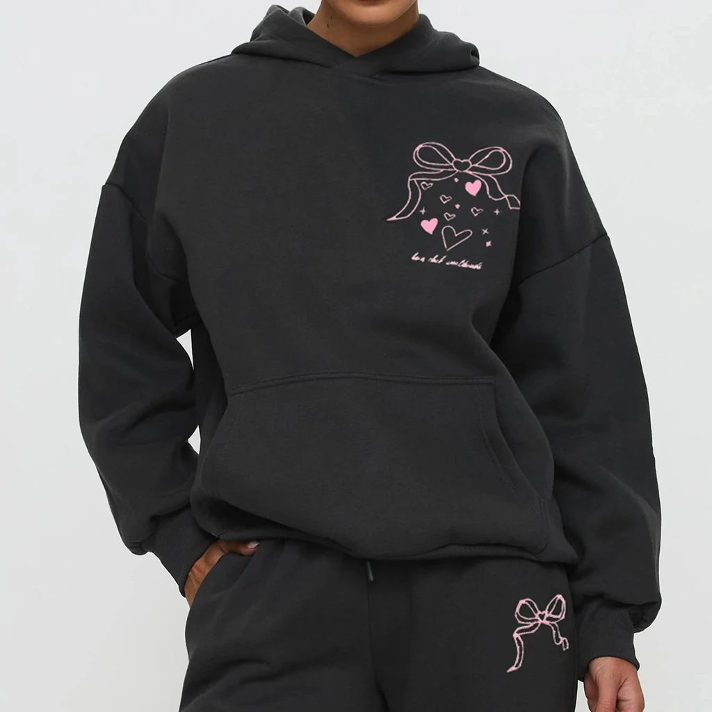 Combhasakiผู้หญิง 2 ชิ้นชุดออกกําลังกายน่ารักพิมพ์แขนยาวHooded Pullover + Drawstring Sweatpants Activewear Tracksuits