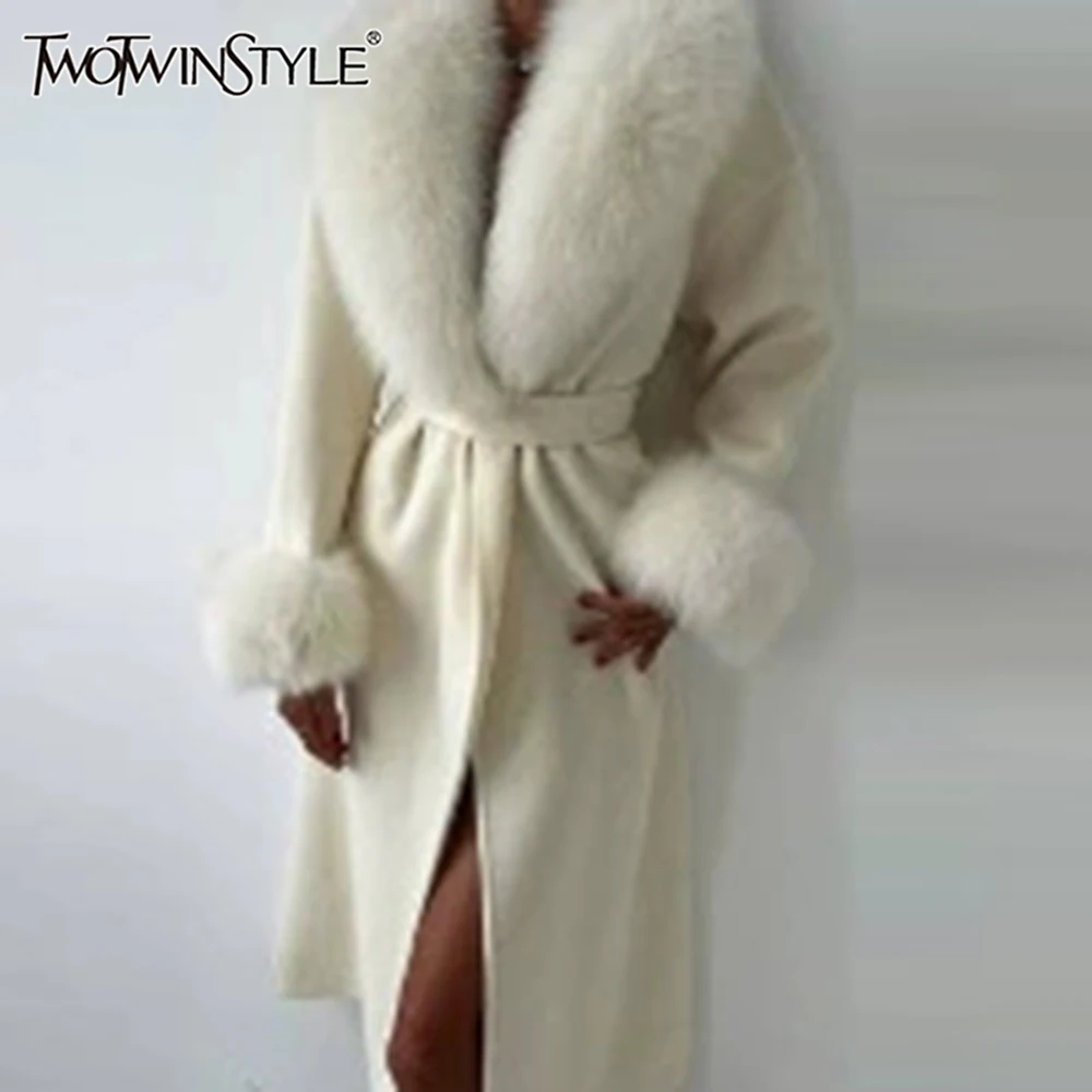 TWOTWINSTYLE Luxury Faux Fur Women Coats Lapel Collar Long Sleeve Furry Cuff Wrap Loose Mid Length Elegant Coat Winter Fashion